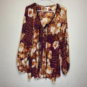 Charter Club Women Plus 1X Floral Blouse Button Up Tassel Long Sleeve Chiffon